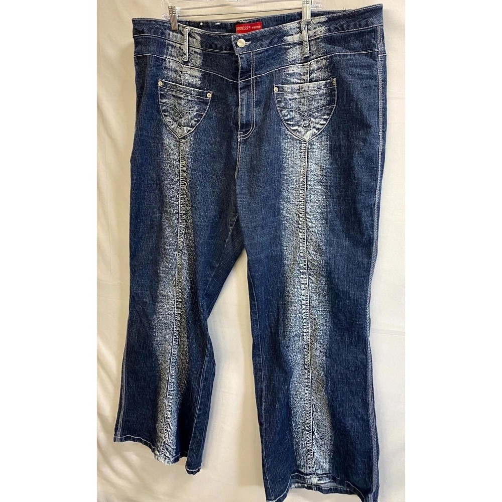 Goddess Trend Jeans Womens 24 Blue White Denim Ramie Stretch Wide Leg Casual